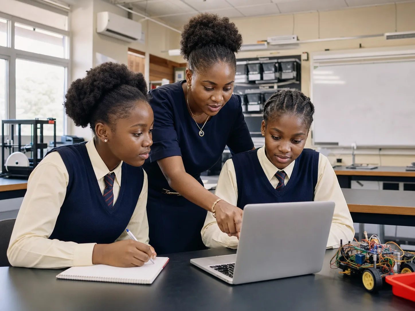 A technology instructor guiding two students through a practical laptop project