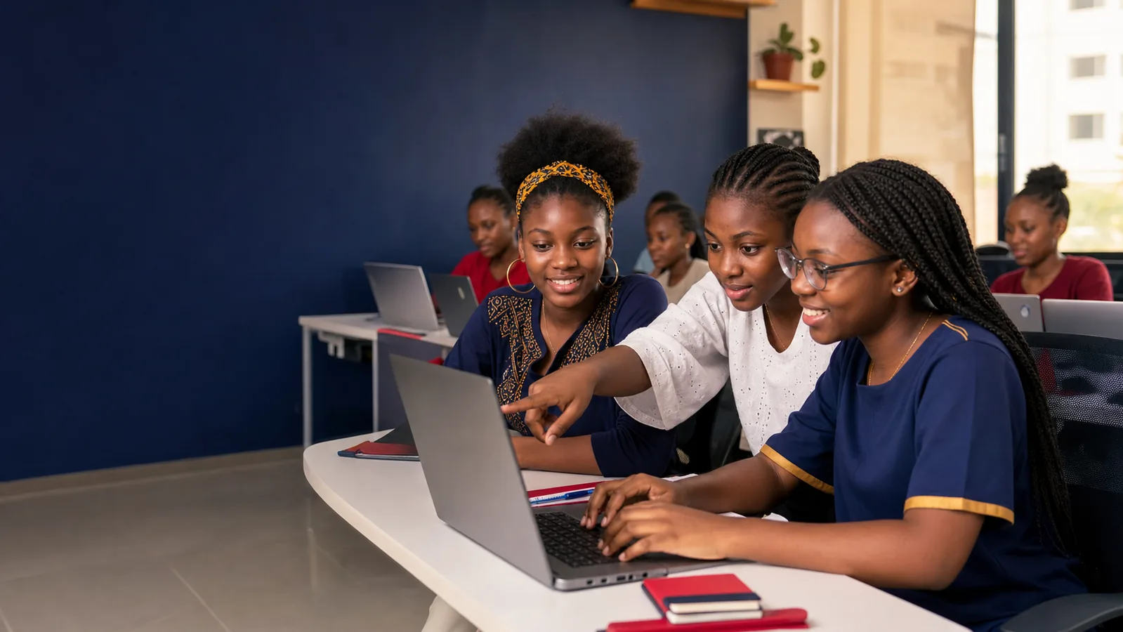 Teenage girls collaborating on coding and digital design